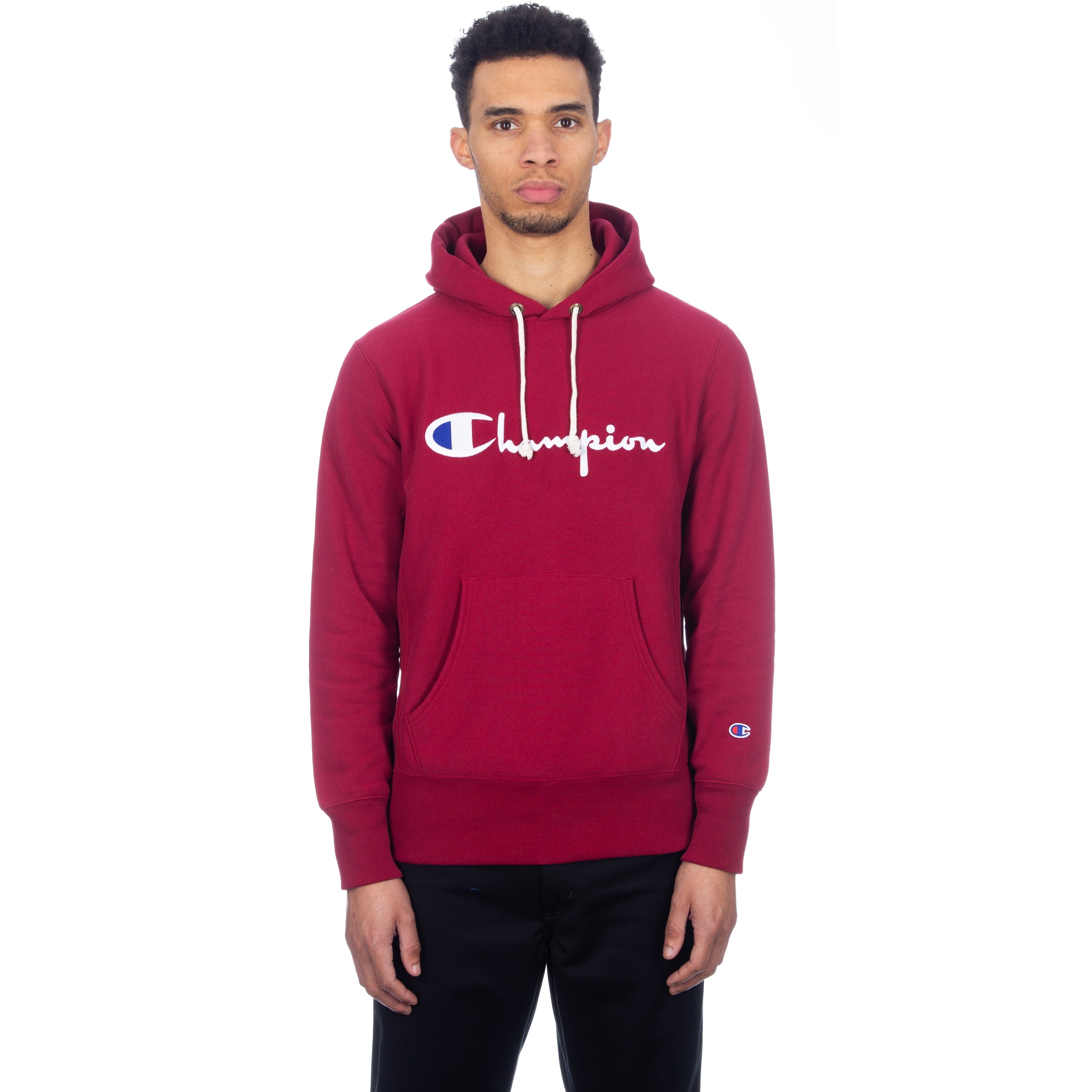 Champion Weave Script Applique Pullover Hooded Sweatshirt (Dark Red) 212574 RS507 RUR Consortium.