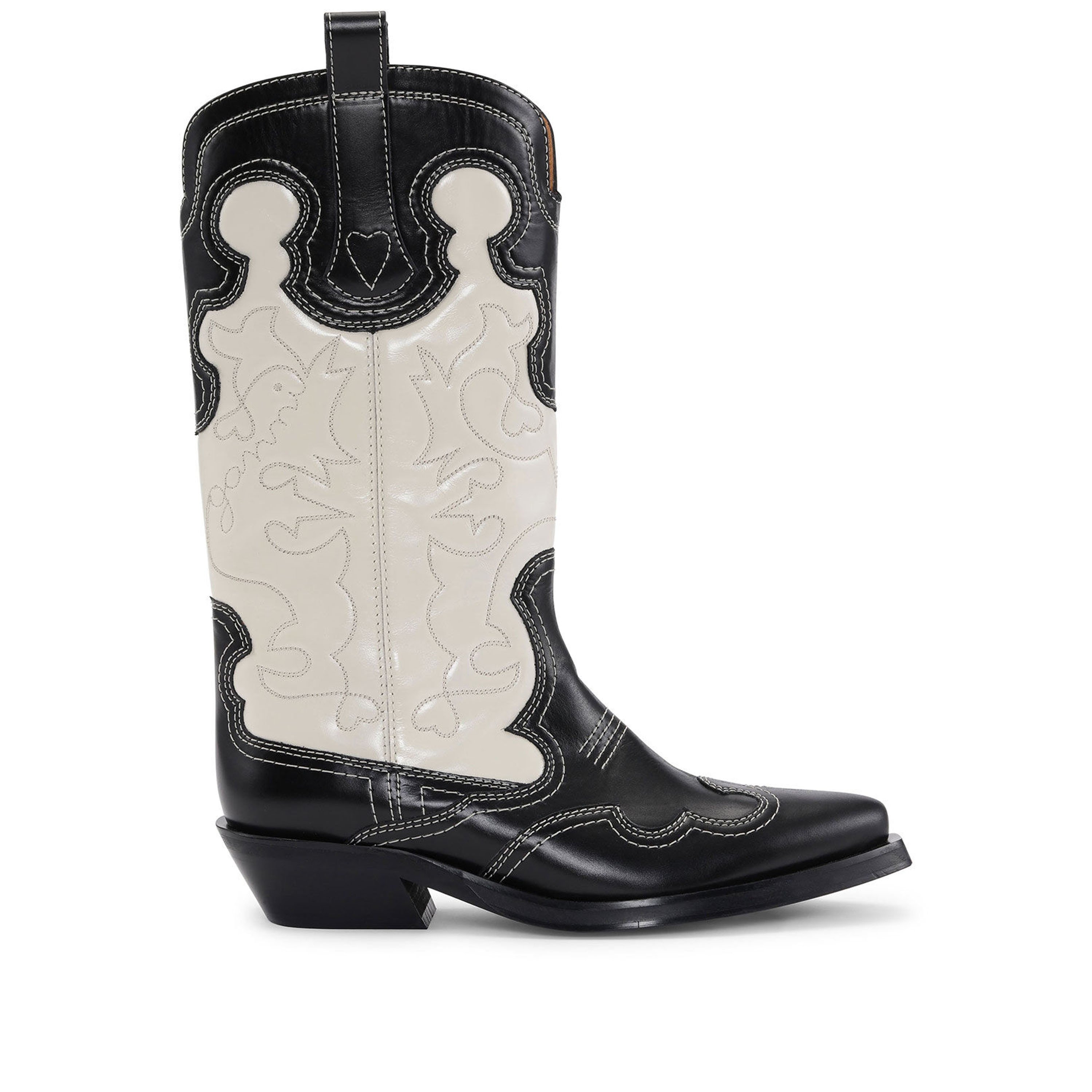GANNI Mid Shaft Embroidered Western Boot (Black/Egret GANNI Mid Shaft Embroidered Western Boot (Black/Egret