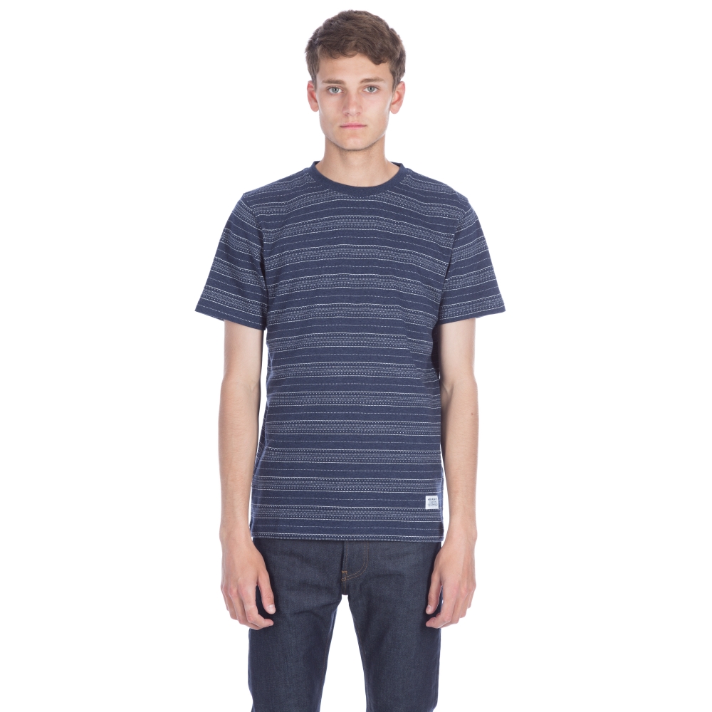 Norse Projects Niels Textured Stripe T-Shirt (Dark Navy)