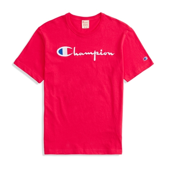 Champion Reverse Weave Script Applique Crew Neck T-Shirt (Hot Pink)