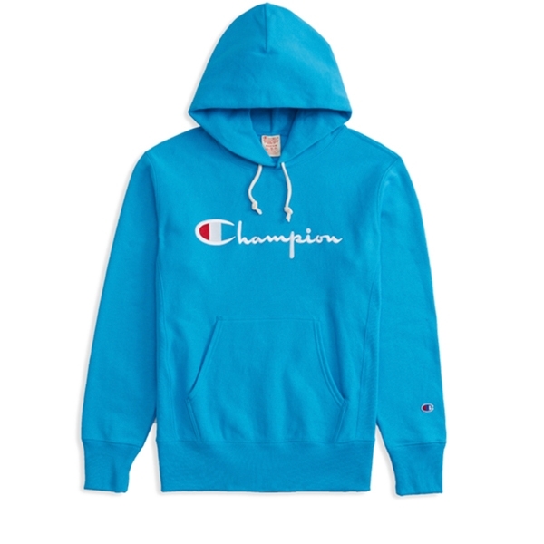 Champion Reverse Weave Script Applique Pullover Hooded Sweatshirt (Light Blue)