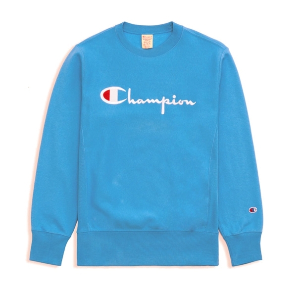 Champion Reverse Weave Script Applique Crew Neck Sweatshirt (Light Blue)