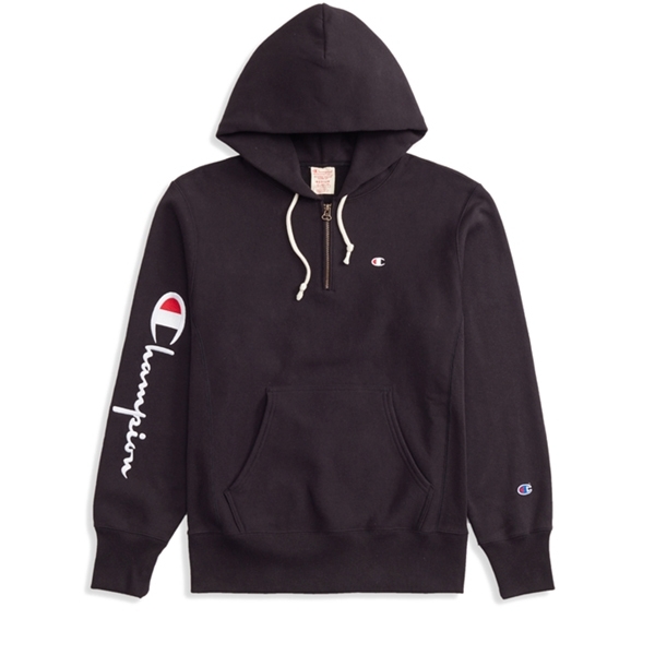 Champion Reverse Weave Logo Half Zip Pullover Hooded Sweatshirt (New Black)