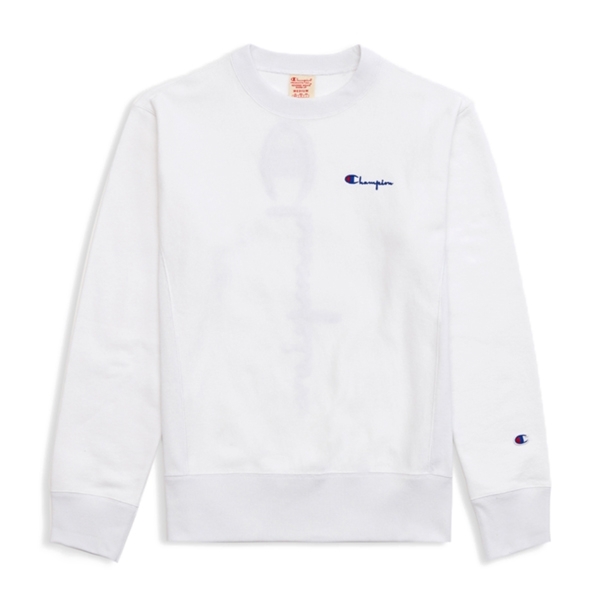 Champion Reverse Weave Vertical Script Applique Crew Neck Sweatshirt (White)