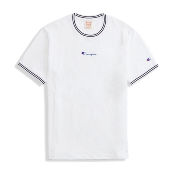 Champion Reverse Weave Striped Ringer Small Script Logo T-Shirt (White)