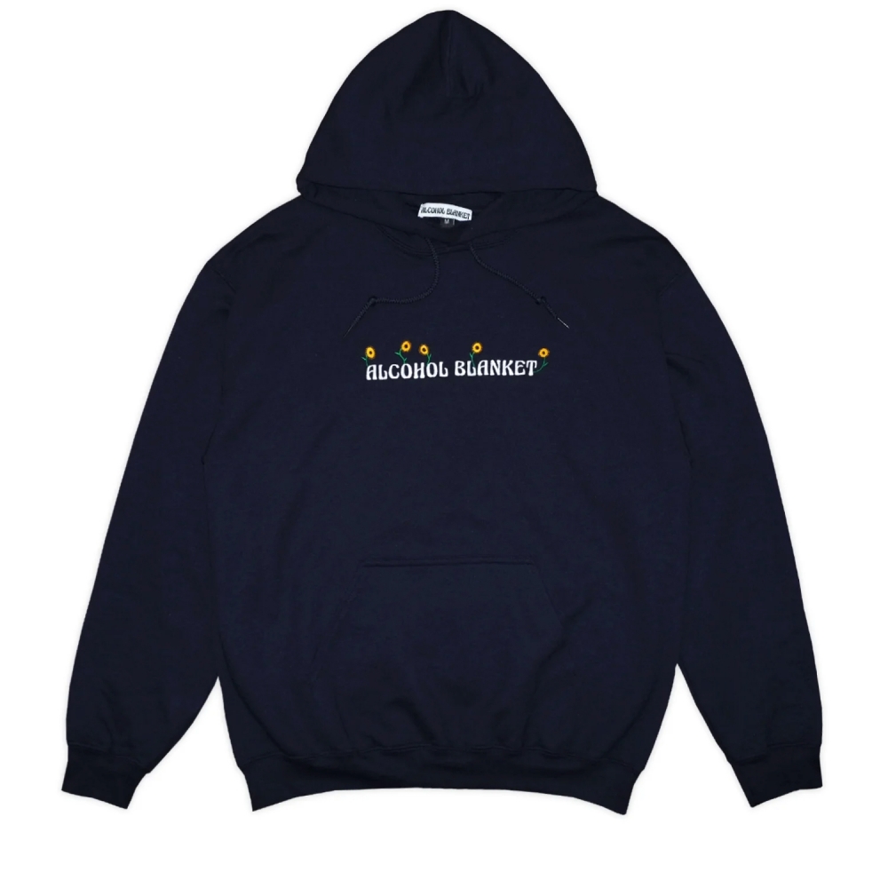 Alcohol Blanket Sunflowers Embroidered Pullover Hooded Sweatshirt (Navy)