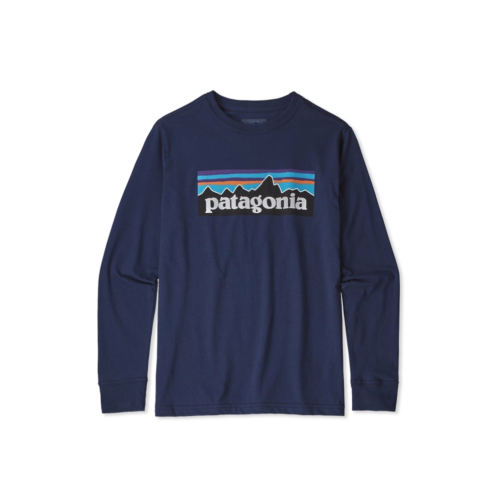 Boys' Patagonia Graphic Organic Cotton Long Sleeve T-Shirt (P-6 Logo: Classic Navy)