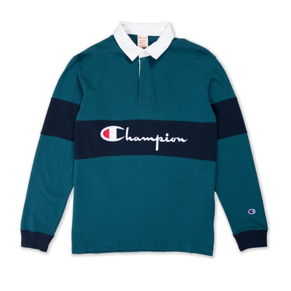 Champion Reverse Big Script Long Sleeve Polo Shirt (Teal/Navy)