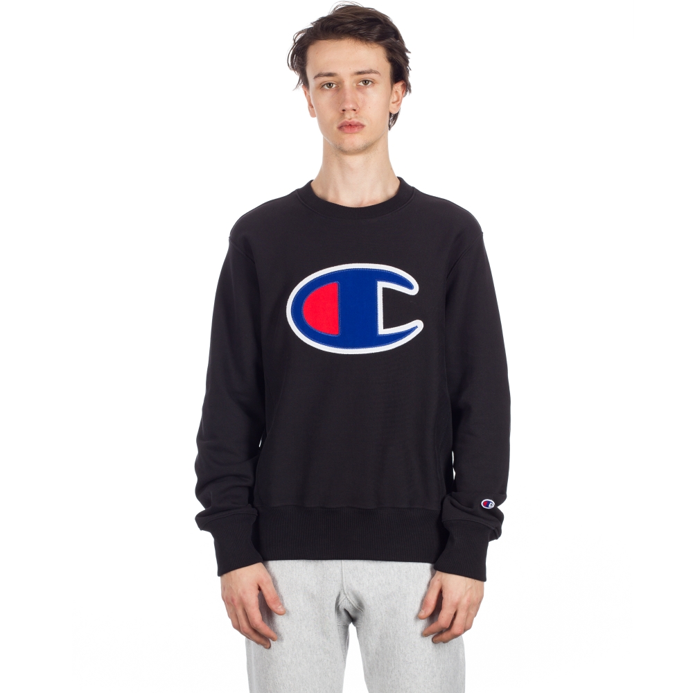 Champion Reverse Weave Large C Applique Crew Neck Sweatshirt (Black)