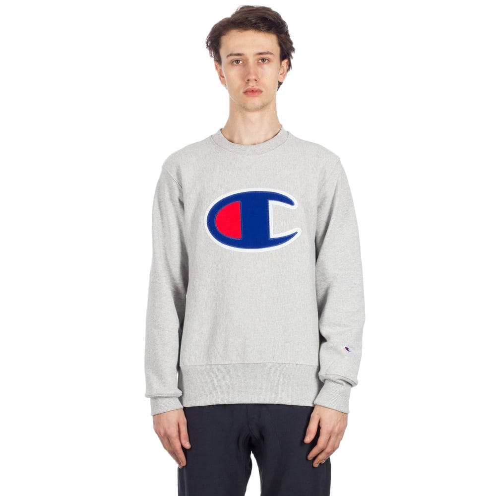 Champion Reverse Weave Large C Applique Crew Neck Sweatshirt (Heather Grey)