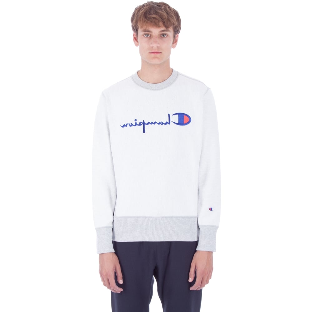 Champion Reverse Weave Reversed Script Applique Crew Neck Sweatshirt (Light Oxford Grey)