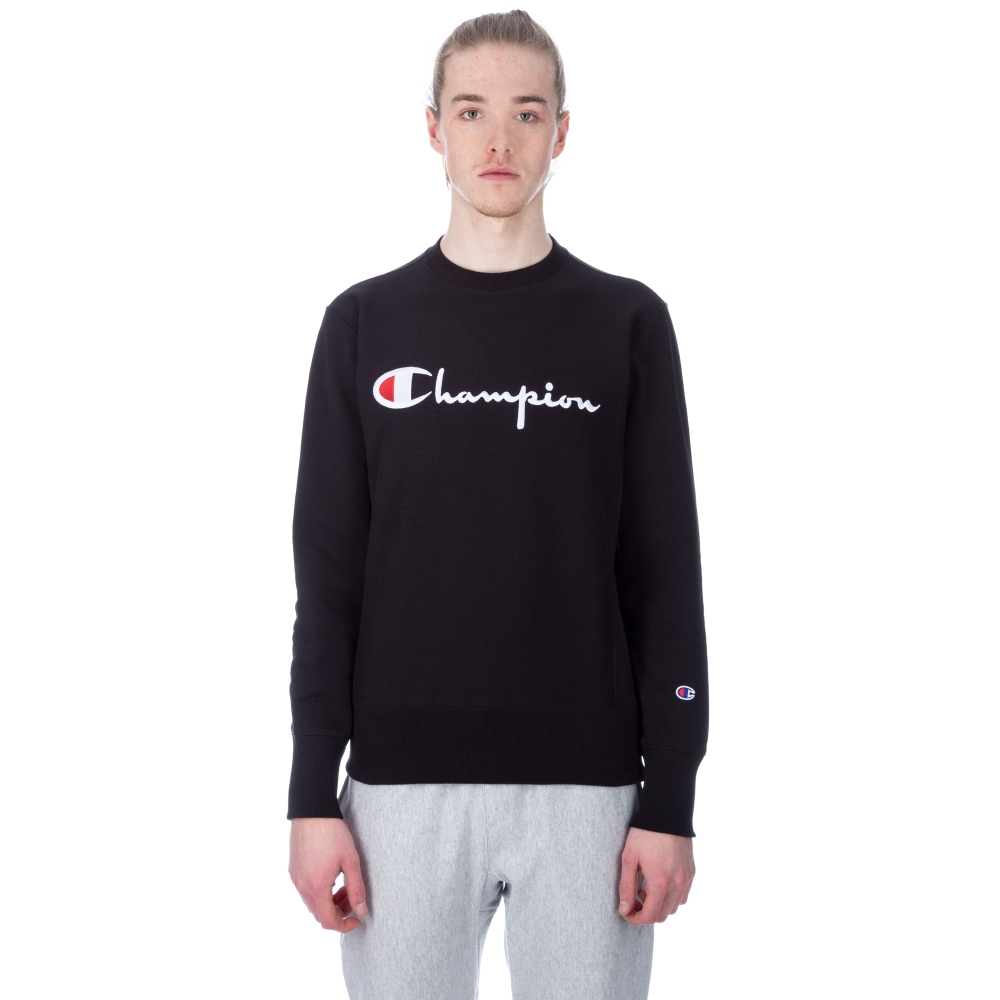 Champion Reverse Weave Script Applique Crew Neck Sweatshirt (Black)