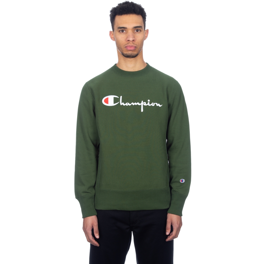 Champion Reverse Weave Script Applique Crew Neck Sweatshirt (Forest Green)