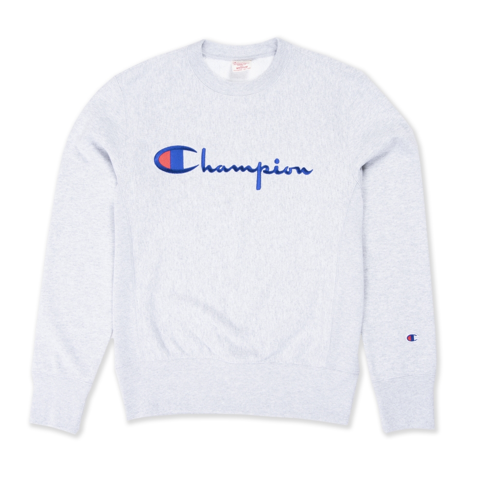 Champion Reverse Weave Script Applique Crew Neck Sweatshirt (Light Oxford Grey)