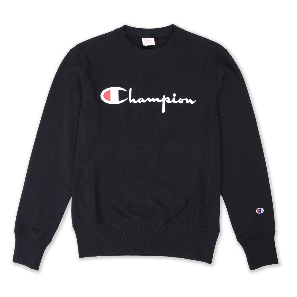 Champion Reverse Weave Script Applique Crew Neck Sweatshirt (New Black)