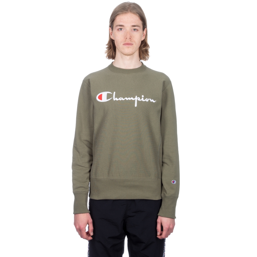 Champion Reverse Weave Script Applique Crew Neck Sweatshirt (Olive)