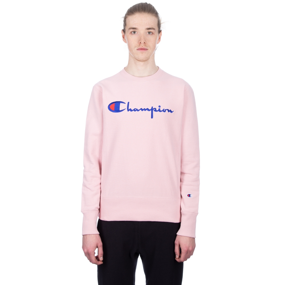 Champion Reverse Weave Script Applique Crew Neck Sweatshirt (Pink)