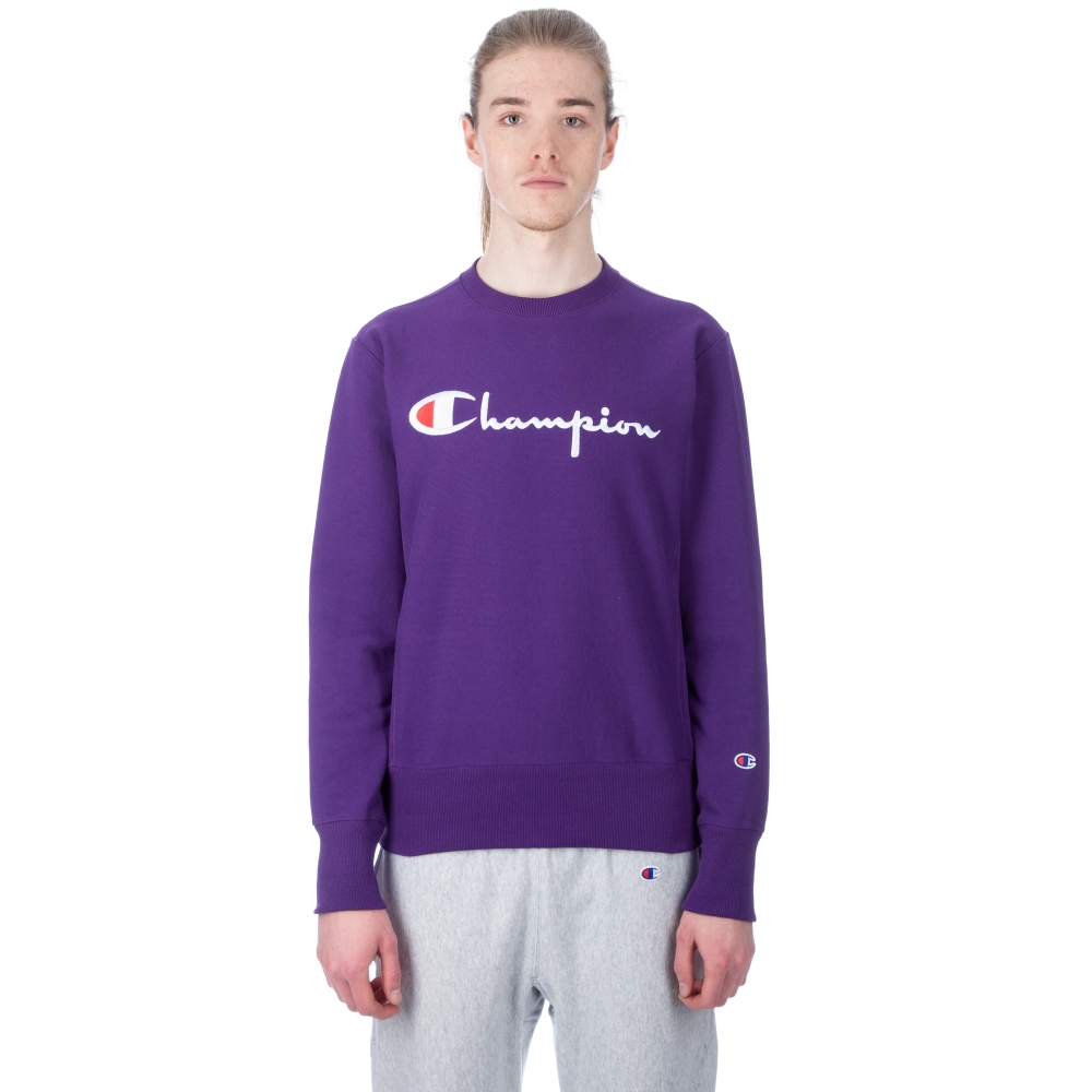 Champion Reverse Weave Script Applique Crew Neck Sweatshirt (Purple)