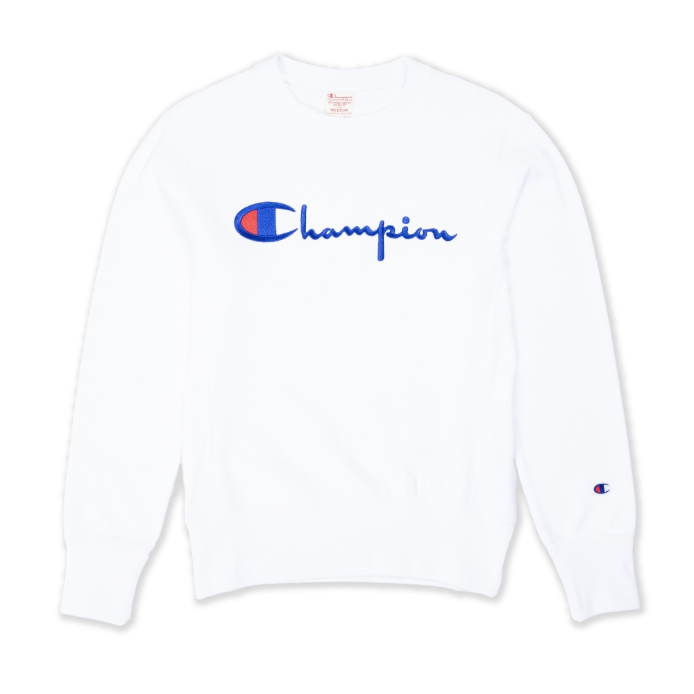 Champion Reverse Weave Script Applique Crew Neck Sweatshirt (White)