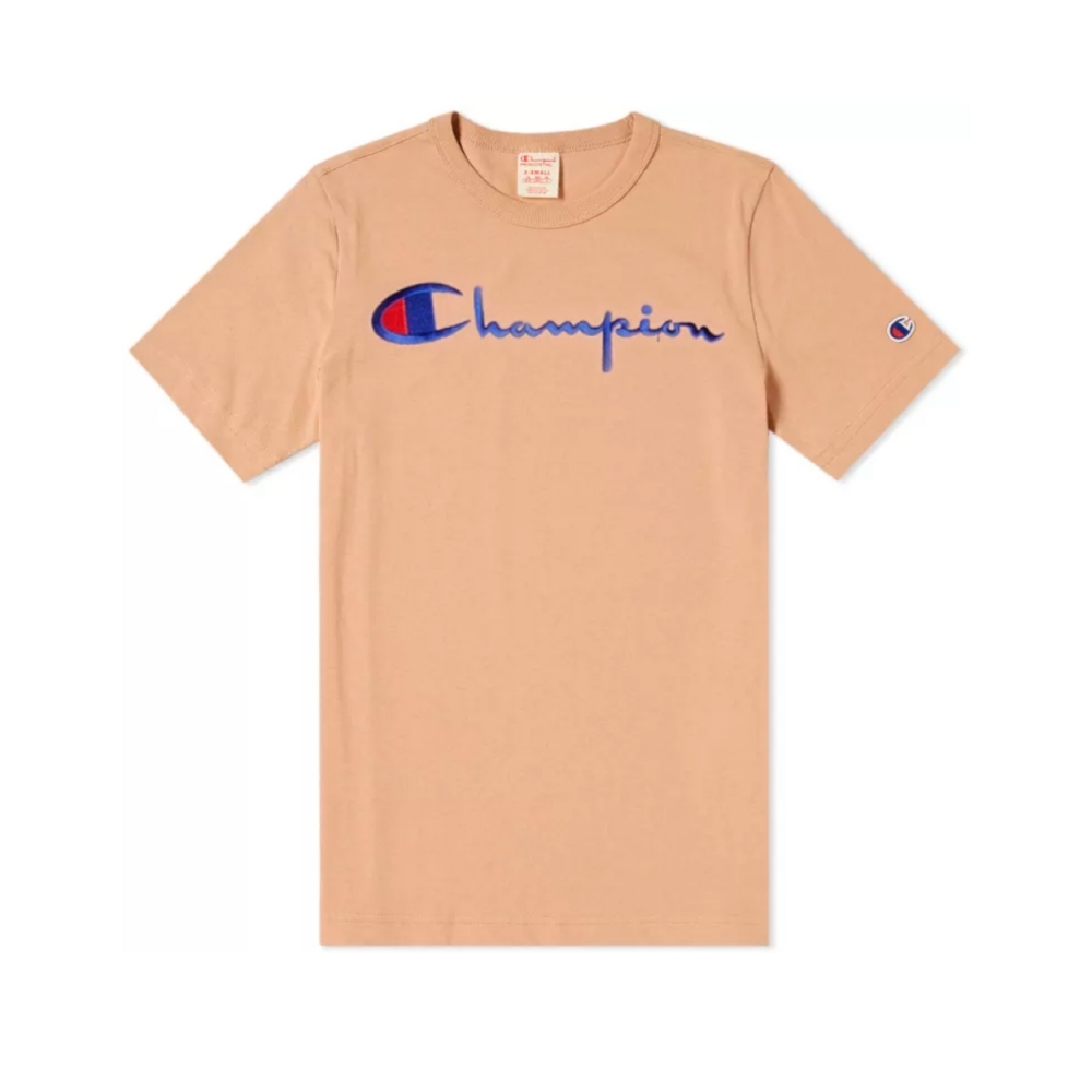 Champion Reverse Weave Script Applique Crew Neck T-Shirt (Beige)