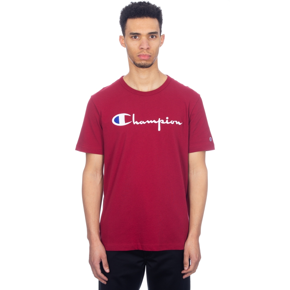 Champion Reverse Weave Script Applique Crew Neck T-Shirt (Burgundy)