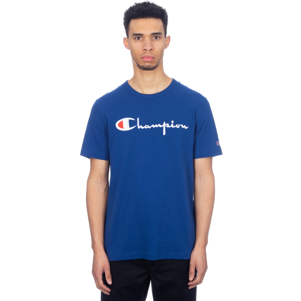 Champion Reverse Weave Script Applique Crew Neck T-Shirt (Dark Blue)