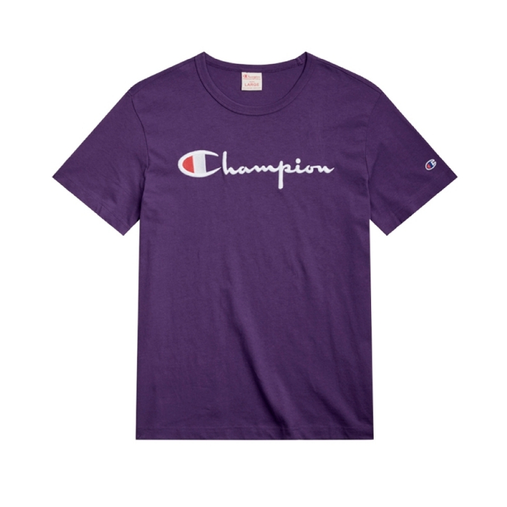 Champion Reverse Weave Script Applique Crew Neck T-Shirt (Dark Purple)
