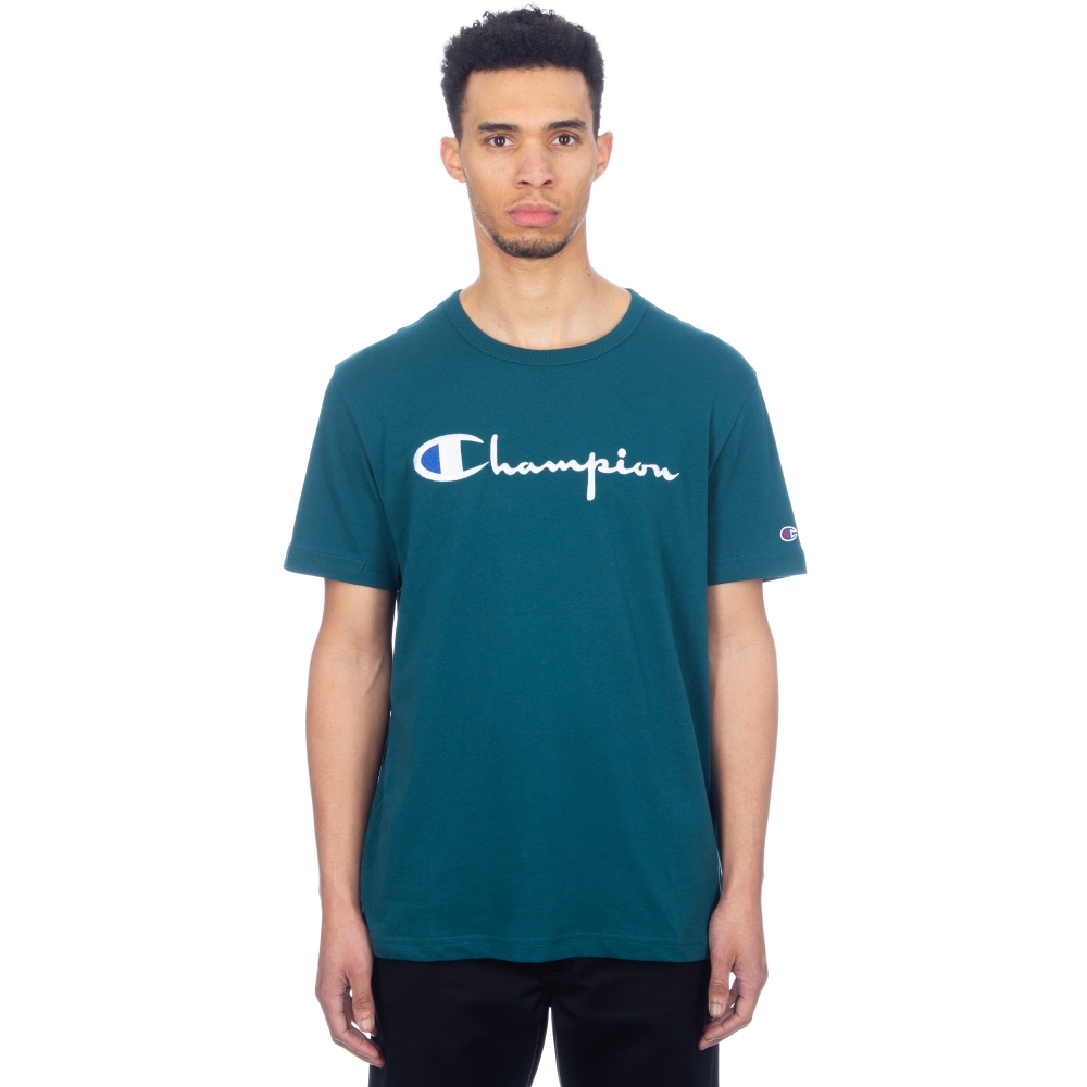 Champion Reverse Weave Script Applique Crew Neck T-Shirt (Dark Teal)