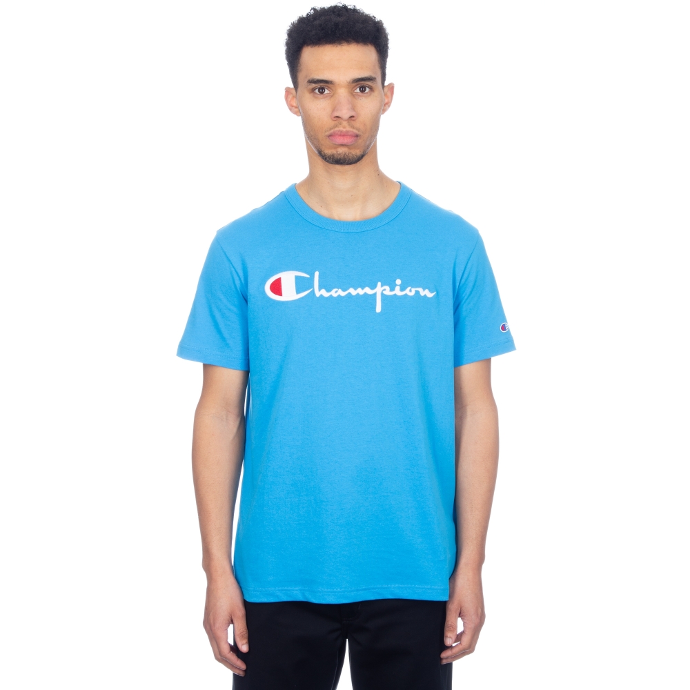 Champion Reverse Weave Script Applique Crew Neck T-Shirt (Light Blue)