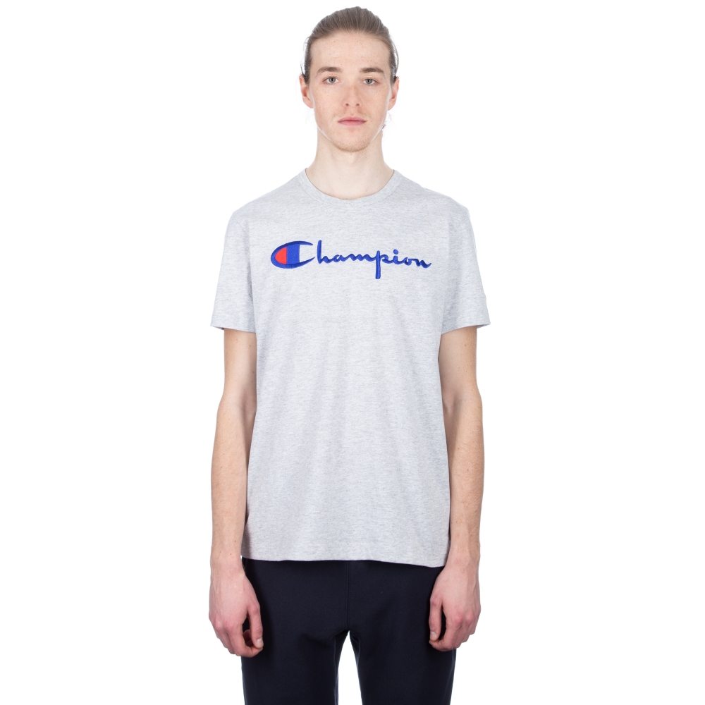 Champion Reverse Weave Script Applique Crew Neck T-Shirt (Light Oxford Grey)