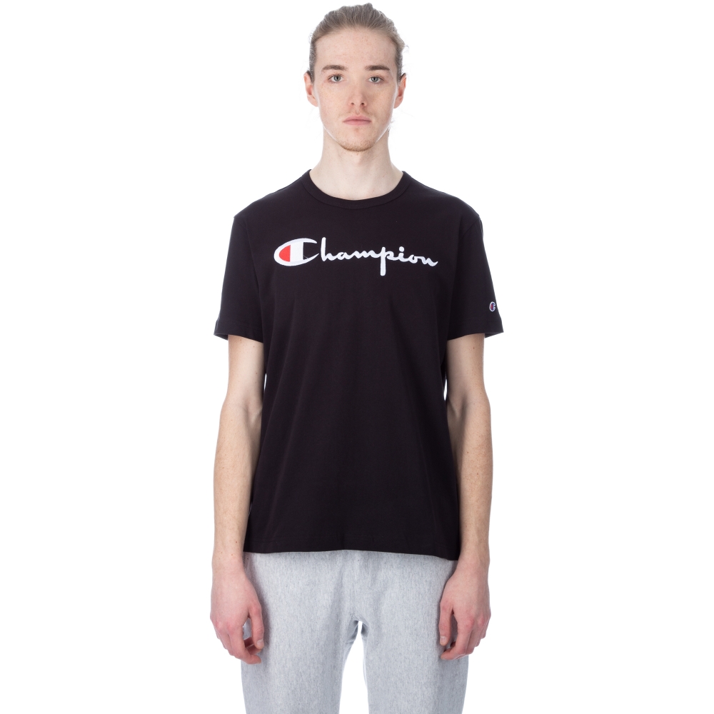 Champion Reverse Weave Script Applique Crew Neck T-Shirt (New Black)
