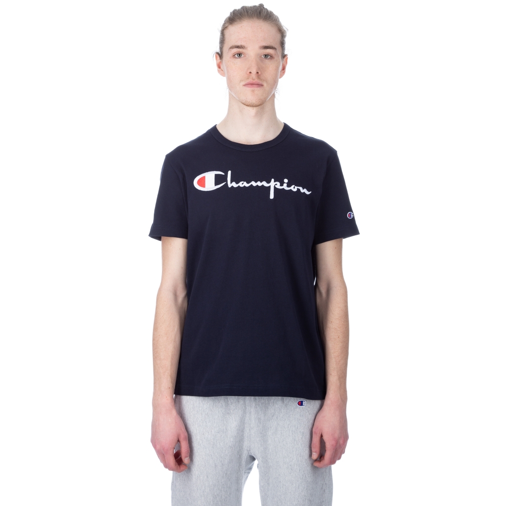 Champion Reverse Weave Script Applique Crew Neck T-Shirt (New Navy)