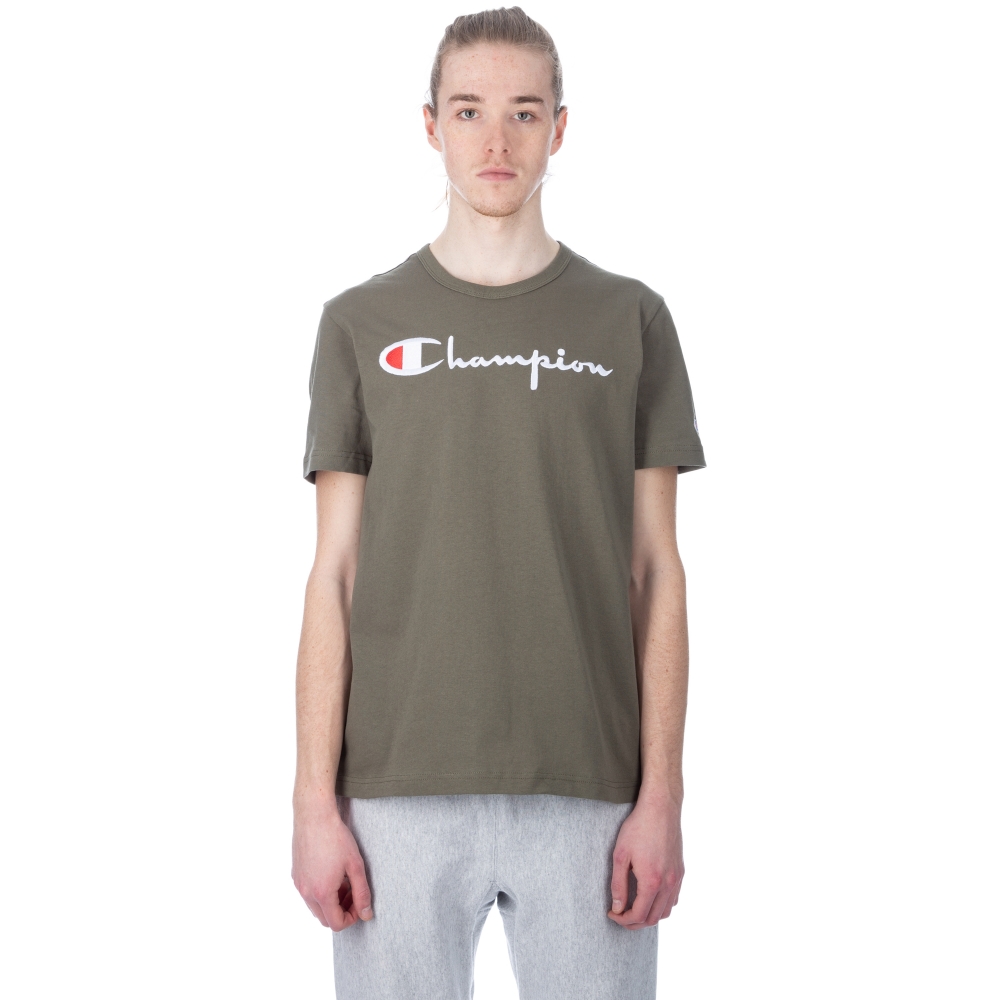 Champion Reverse Weave Script Applique Crew Neck T-Shirt (Olive)