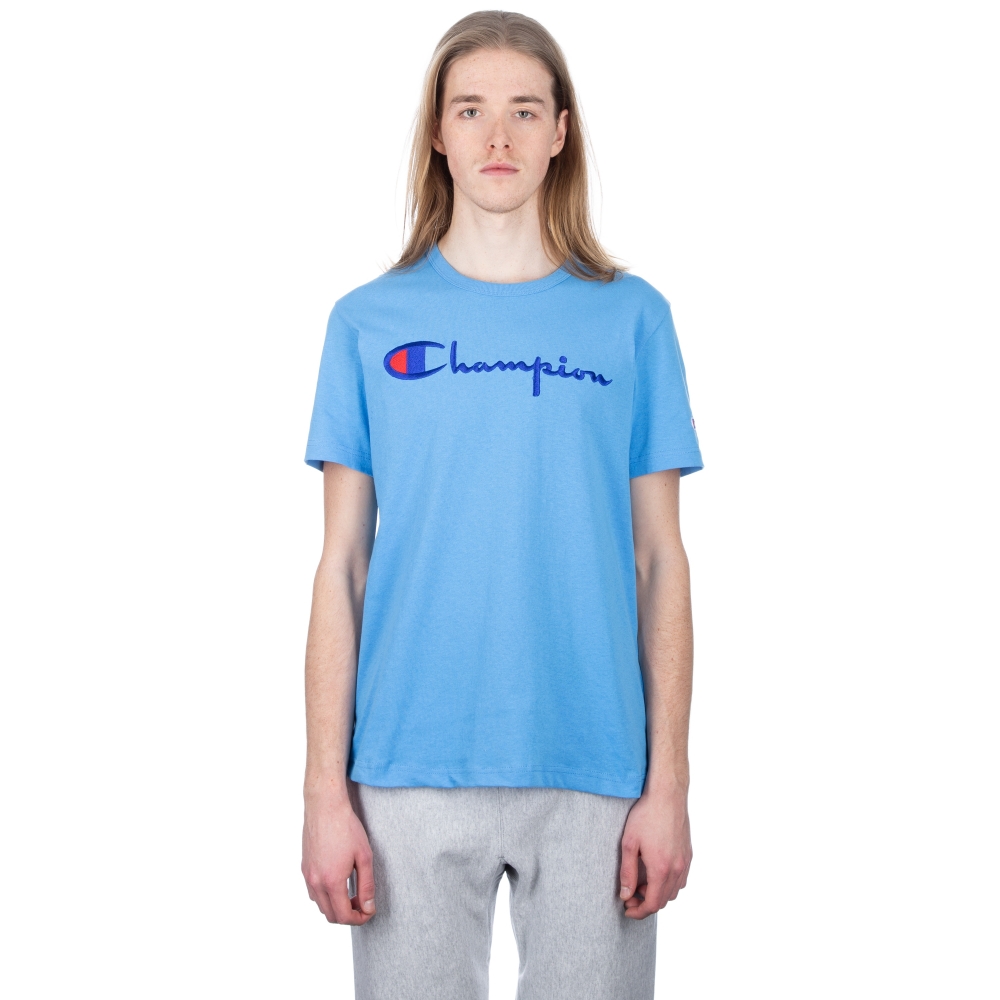 Champion Reverse Weave Script Applique Crew Neck T-Shirt (Sky Blue)