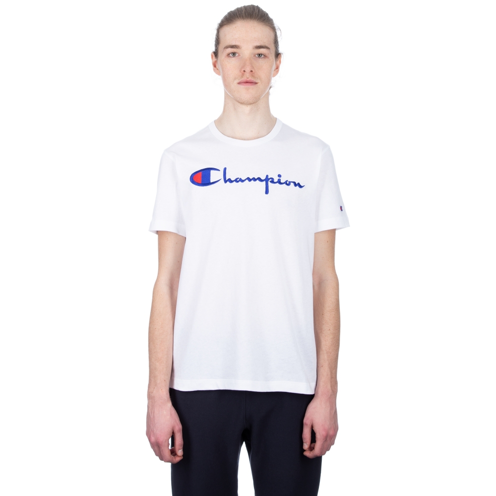 Champion Reverse Weave Script Applique Crew Neck T-Shirt (White)