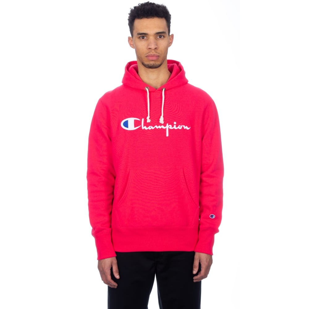 Champion Reverse Weave Hood Script Applique New pullover Hooded Sweatshirt (Hot Pink)