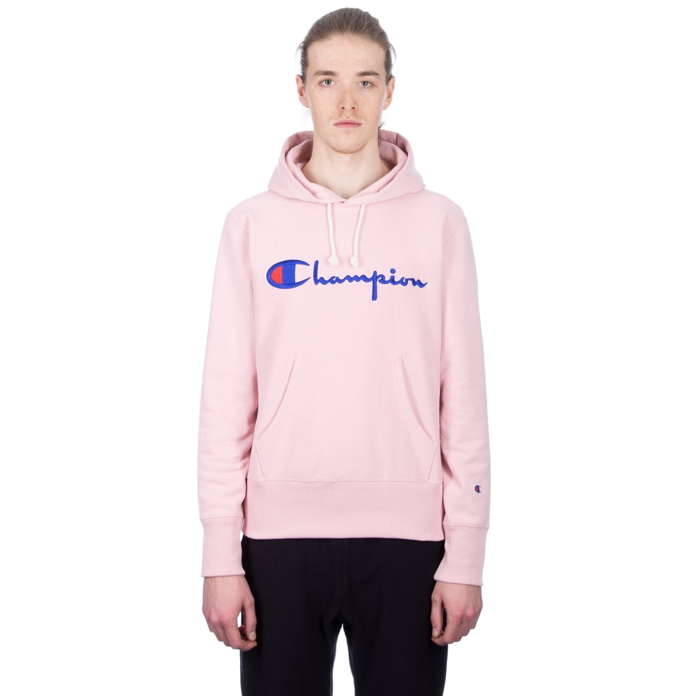 Champion Reverse Weave Script Applique Pullover Hooded Sweatshirt (Pink)