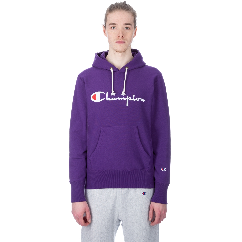 Champion Reverse Weave Script Applique Pullover Hooded Sweatshirt (Purple)