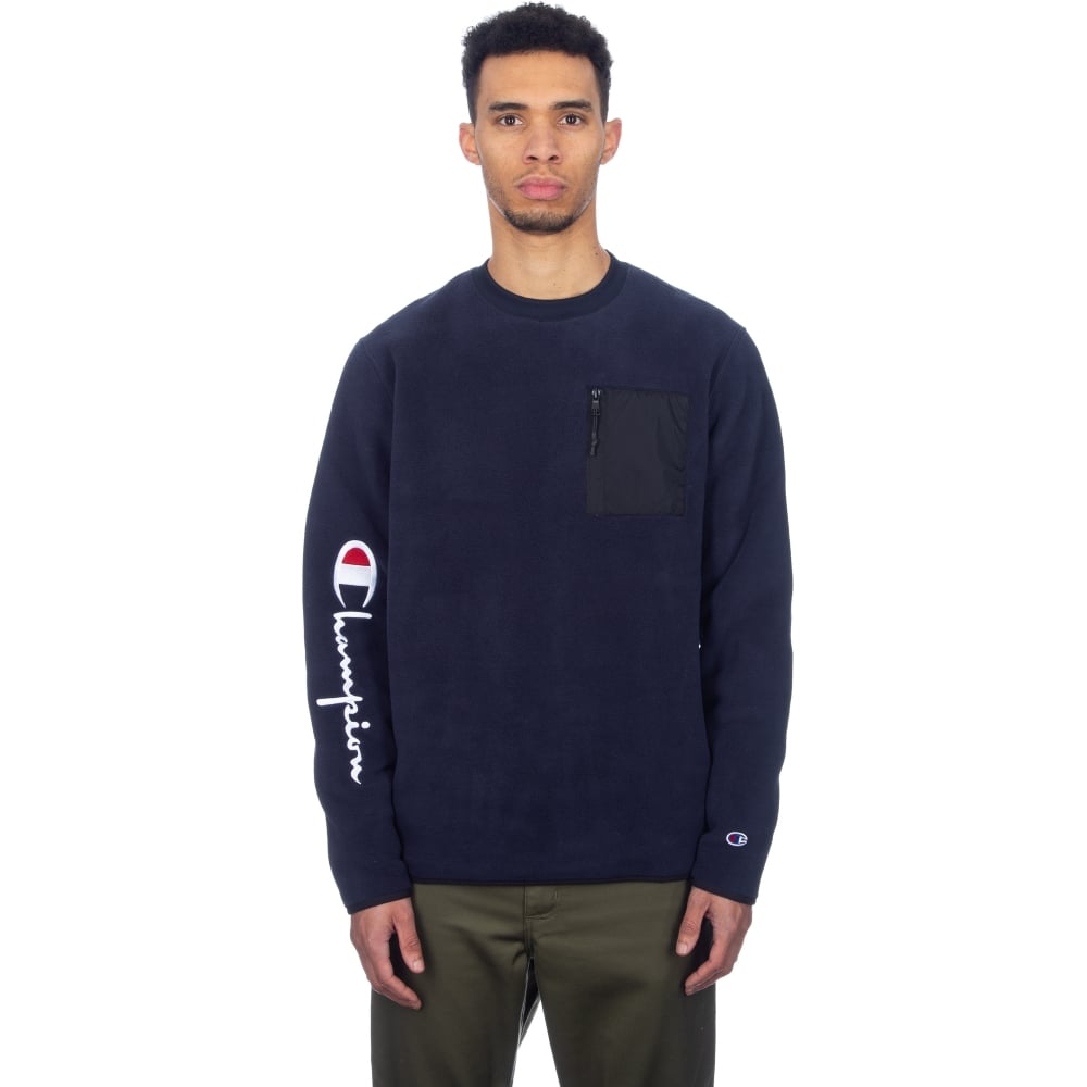 Champion Reverse Weave Sleeve Script Crew Neck Fleece (Navy/Black)