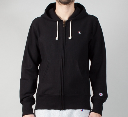 Champion Reverse Weave Small C Zip Through Hooded Sweatshirt (Black)