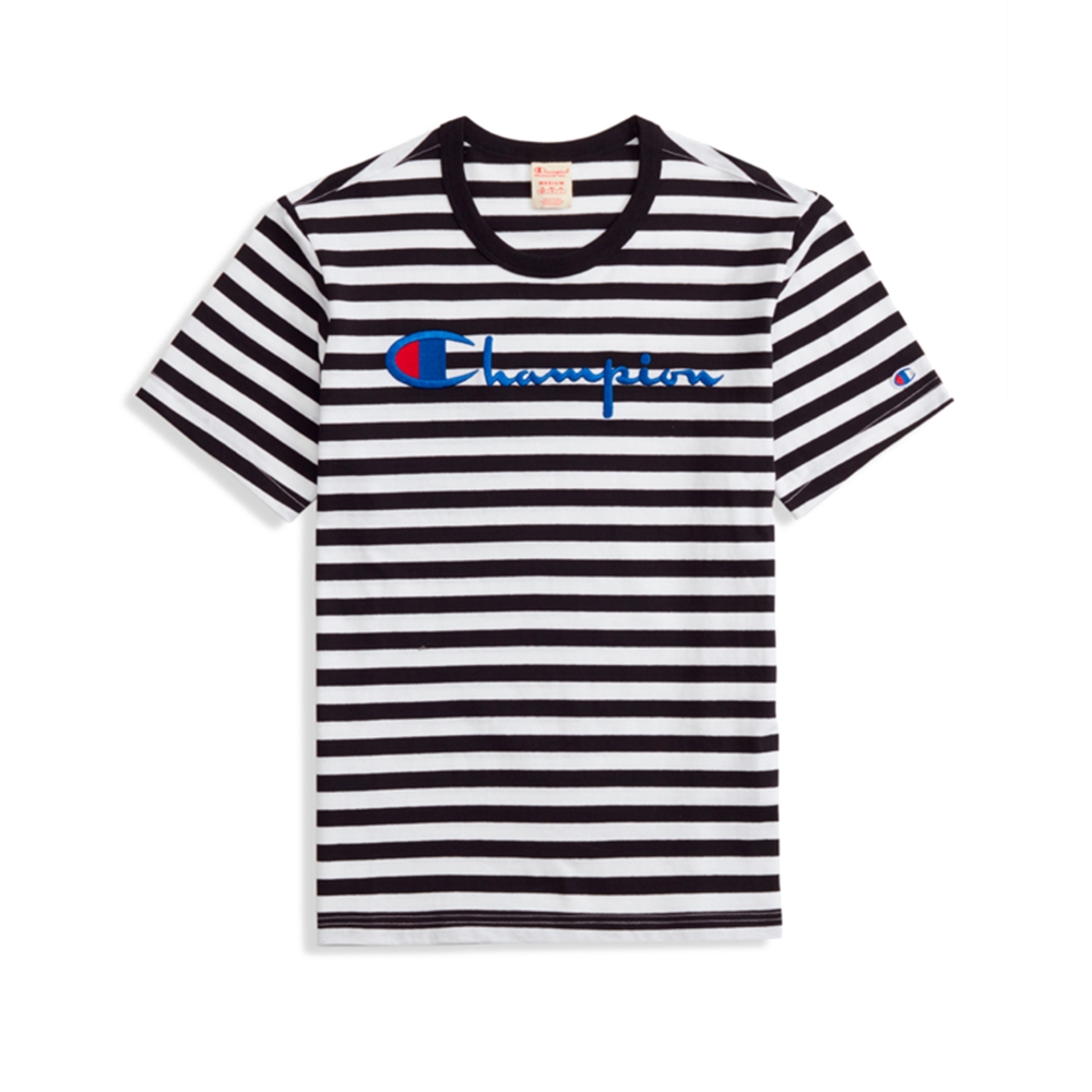 Champion Reverse Weave Striped Script Logo Crew Neck T-Shirt (Black ...
