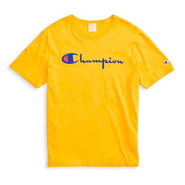Champion Reverse Weave Script Applique Crew Neck T-Shirt (Yellow)