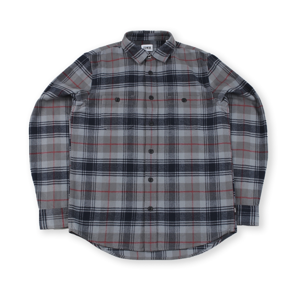 Edwin Labour Brushed Flannel Cotton Check Shirt (Battle Grey Garment Washed)