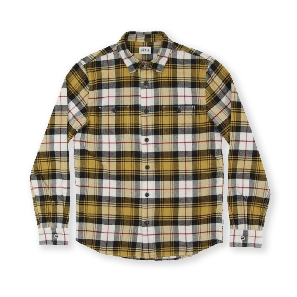 Edwin Labour Brushed Flannel Cotton Check Shirt (Mustard Garment Washed)
