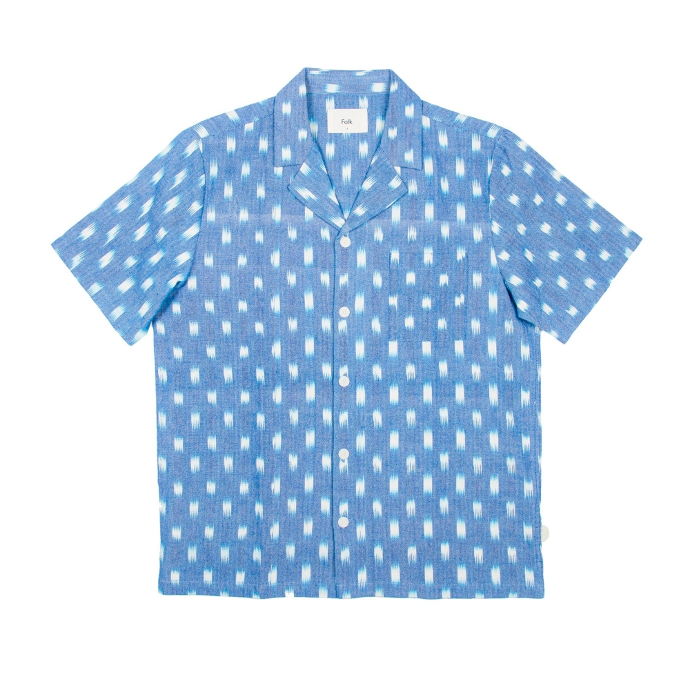 Folk Soft Collar Shirt (Blue Oxford Grid Ikat)