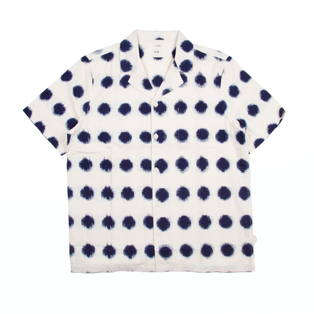 Folk Soft Collar Shirt (Ecru/Indigo Dot Ikat)