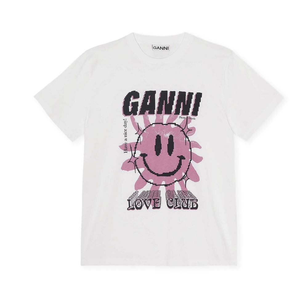 GANNI Basic Jersey Sun Love O-Neck Relaxed T-Shirt (Bright White)