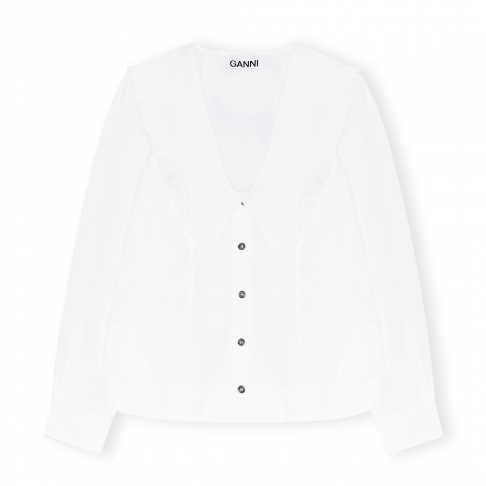 GANNI Cotton Poplin V-Neck Shirt (Bright White)
