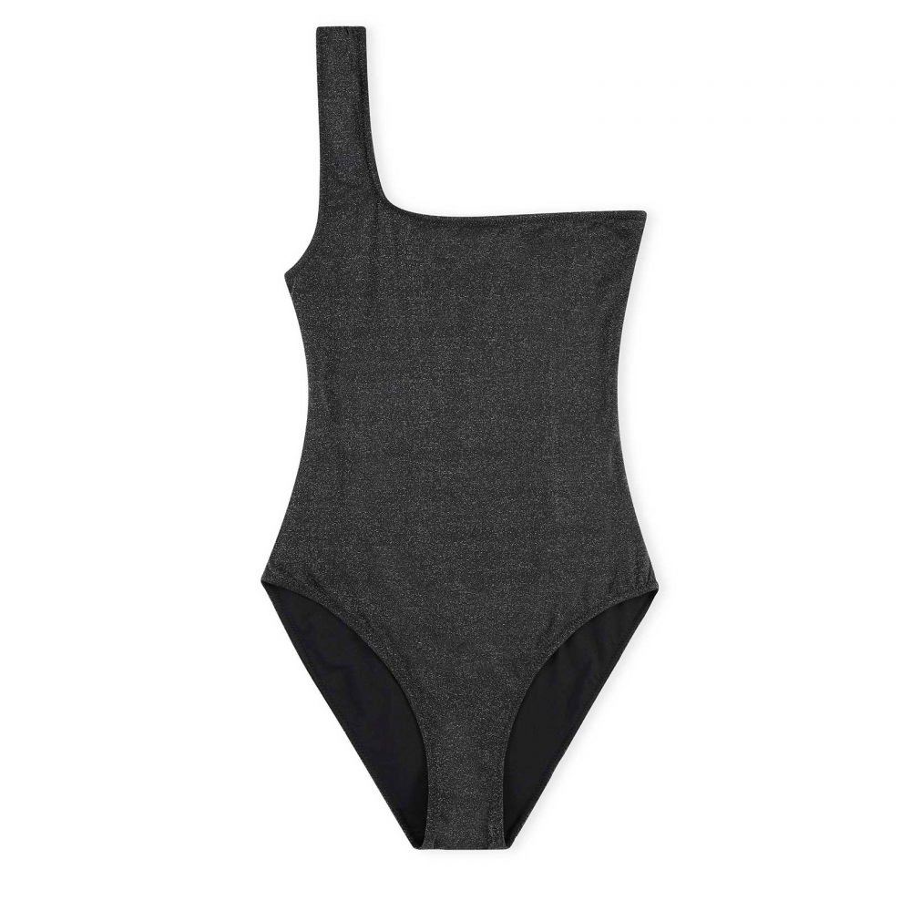 GANNI Glitter One Shoulder Swimsuit (Black)