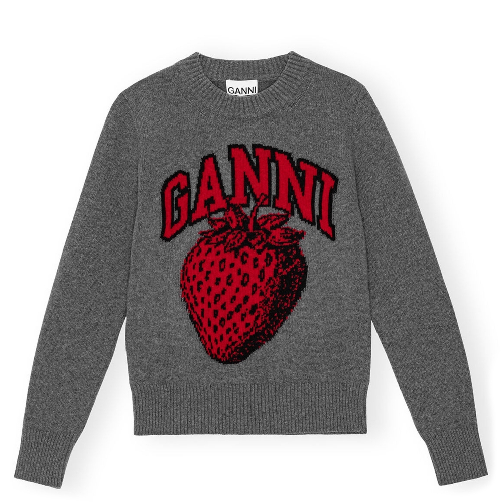 GANNI Strawberry Graphic O-Neck Pullover (Frost Grey)